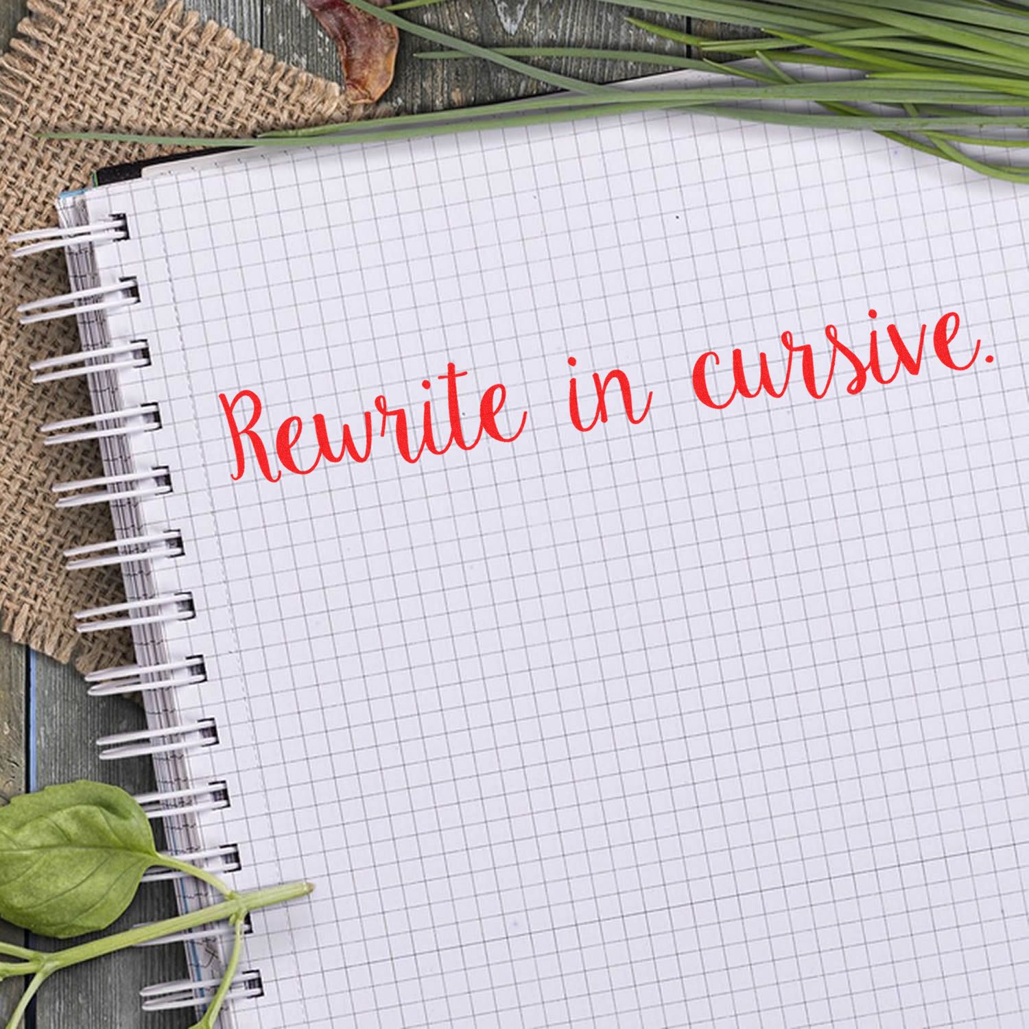 Notebook with grid paper stamped with 'Rewrite in cursive' in red ink, surrounded by green leaves and burlap fabric.