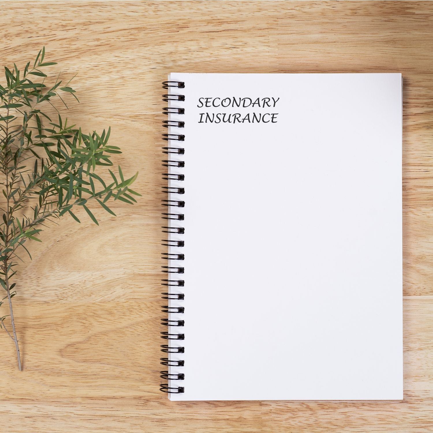 Notebook on a wooden desk with 'Secondary Insurance' stamped on the top page, next to a sprig of greenery.