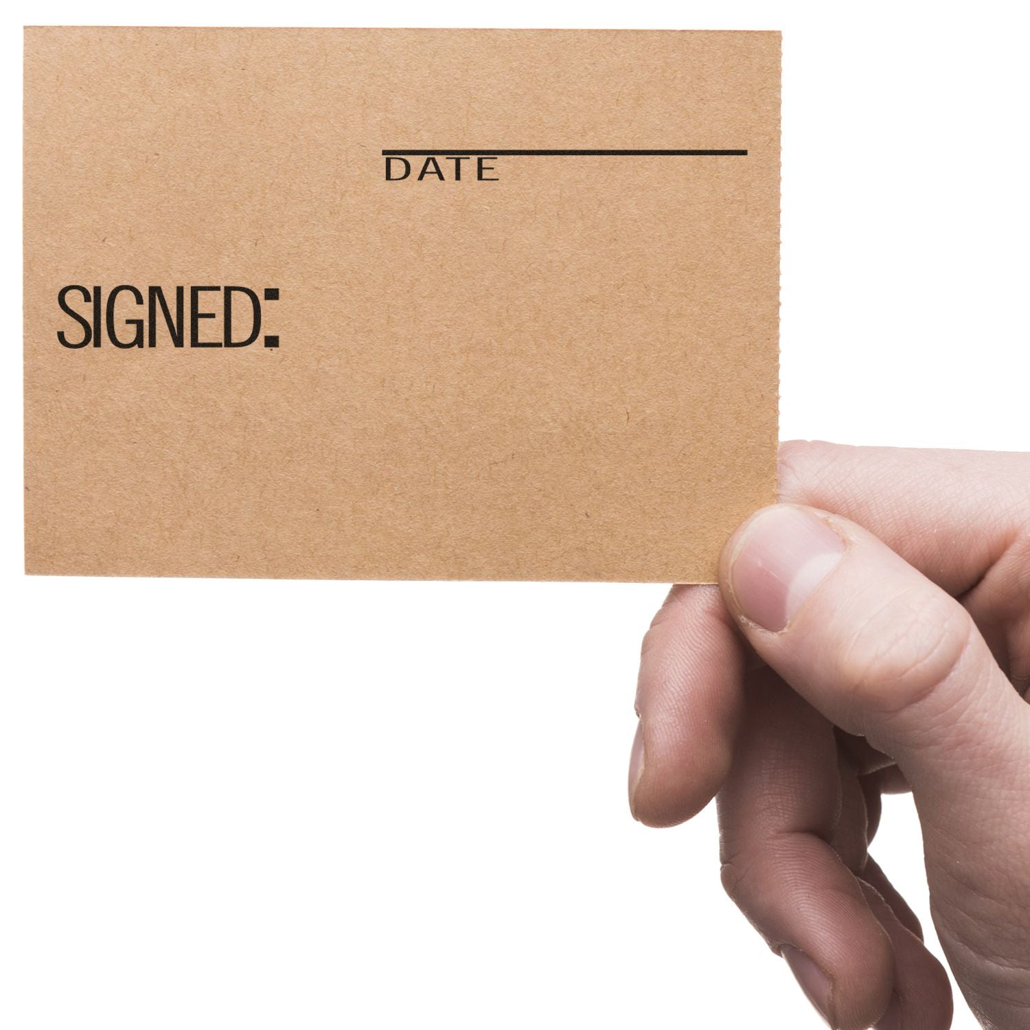 Hand holding a card with SIGNED: and DATE fields, stamped using a Slim Pre-Inked Signed with Date Stamp.