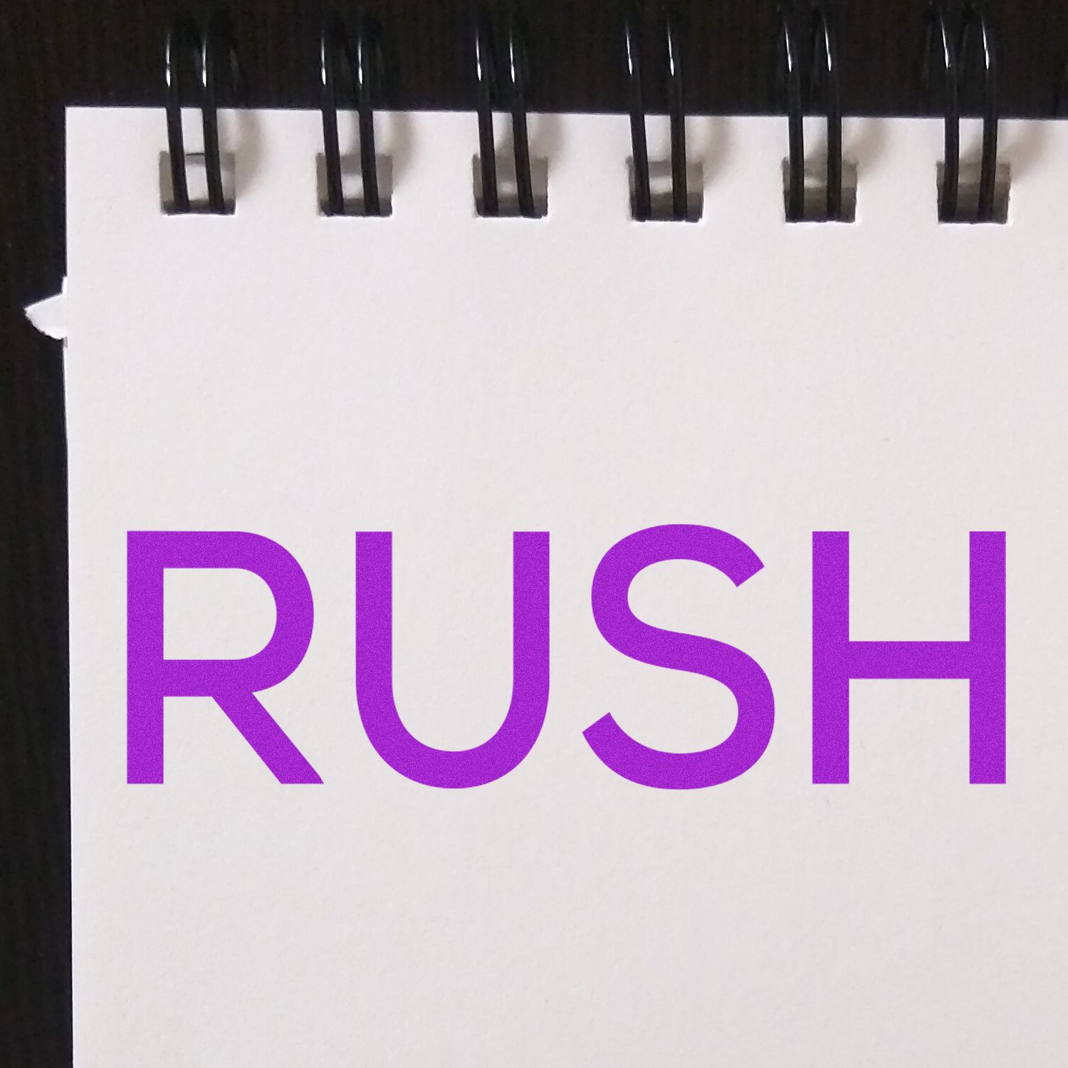 Notebook page stamped with the word 'RUSH' in bold purple letters using the Skinny Rush Rubber Stamp, with black spiral binding visible at the top.