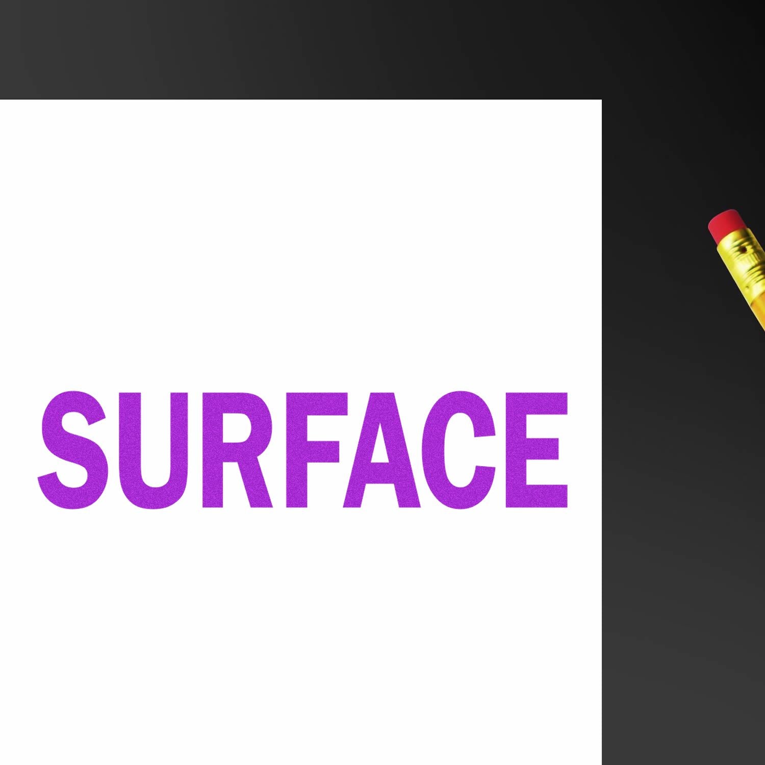 Self Inking Surface Stamp imprinting the word SURFACE in bold purple letters on white paper, with a pencil visible on the side.