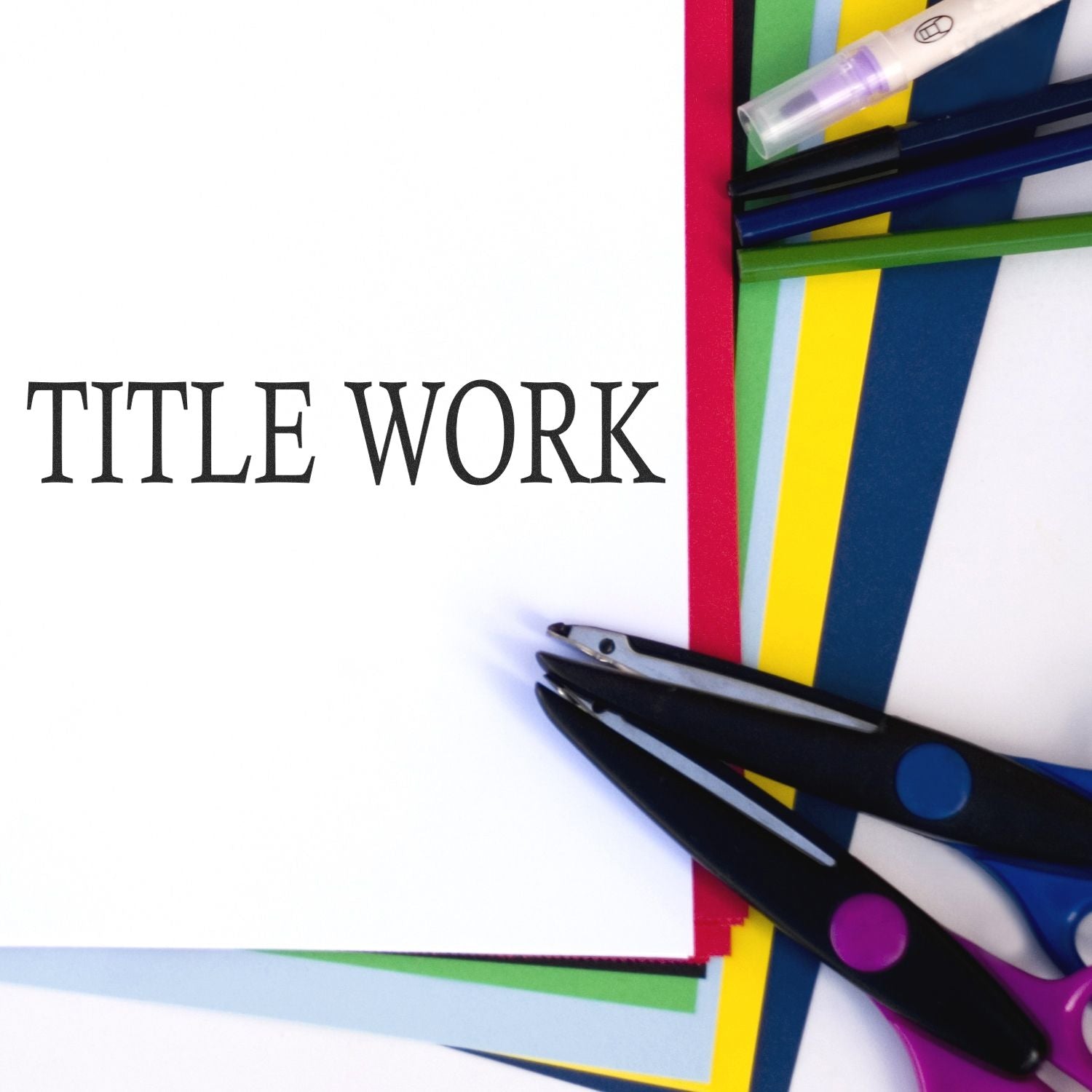 Large Pre-Inked Title Work Stamp used on white paper, surrounded by colorful folders, scissors, and pens.