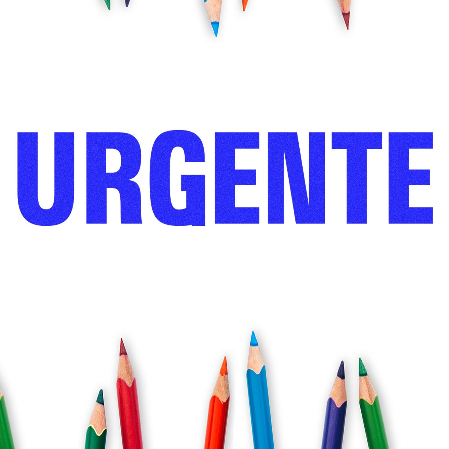 Large Self Inking Urgente Stamp in blue ink on white paper, surrounded by colorful pencils.