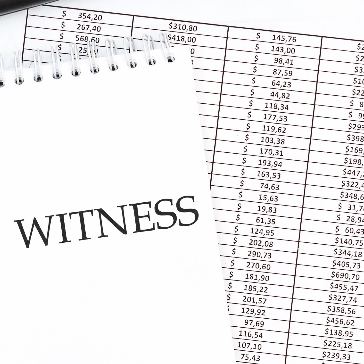 Self Inking Witness Stamp used on a notepad, placed next to a financial spreadsheet with various dollar amounts.