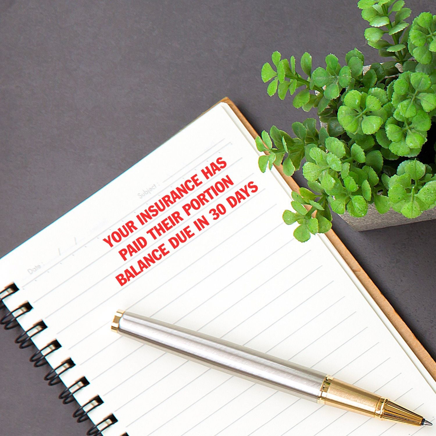 Large Self Inking Your Insurance has Paid their Portion Stamp used on a notebook with a pen and a small potted plant nearby.