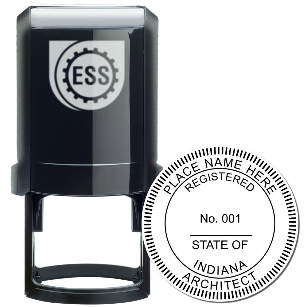 Self Inking Indiana Architect Stamp with a black casing and a sample imprint showing STATE OF INDIANA ARCHITECT and registration details.