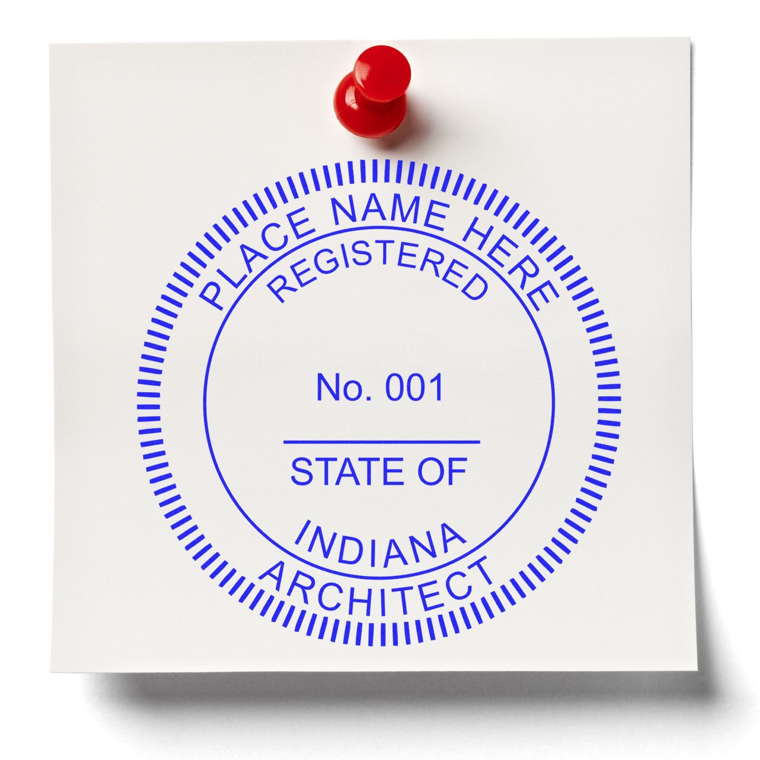 Indiana Architect Seal Stamp with blue text on a white paper, pinned by a red pushpin.