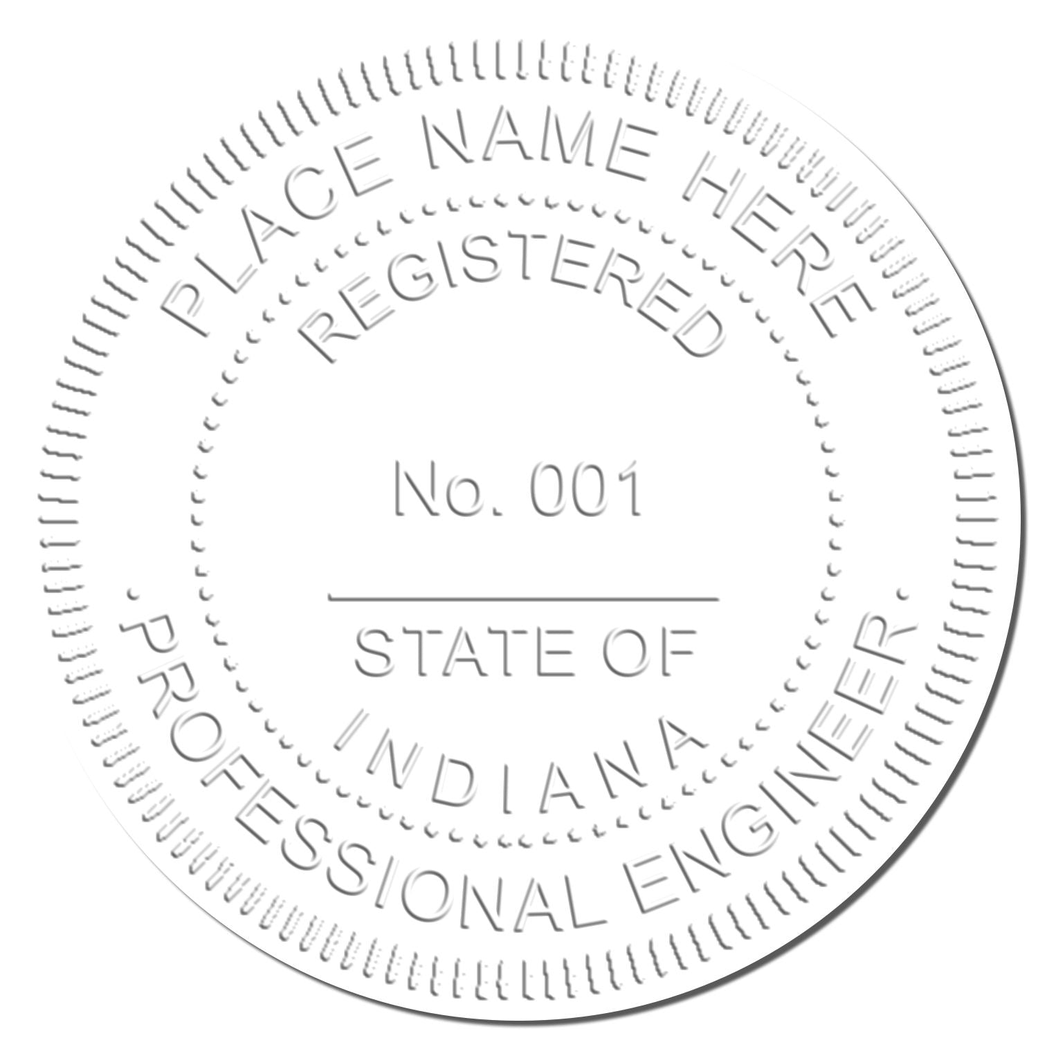 A photograph of the Handheld Indiana Professional Engineer Embosser stamp impression reveals a vivid, professional image of the on paper.