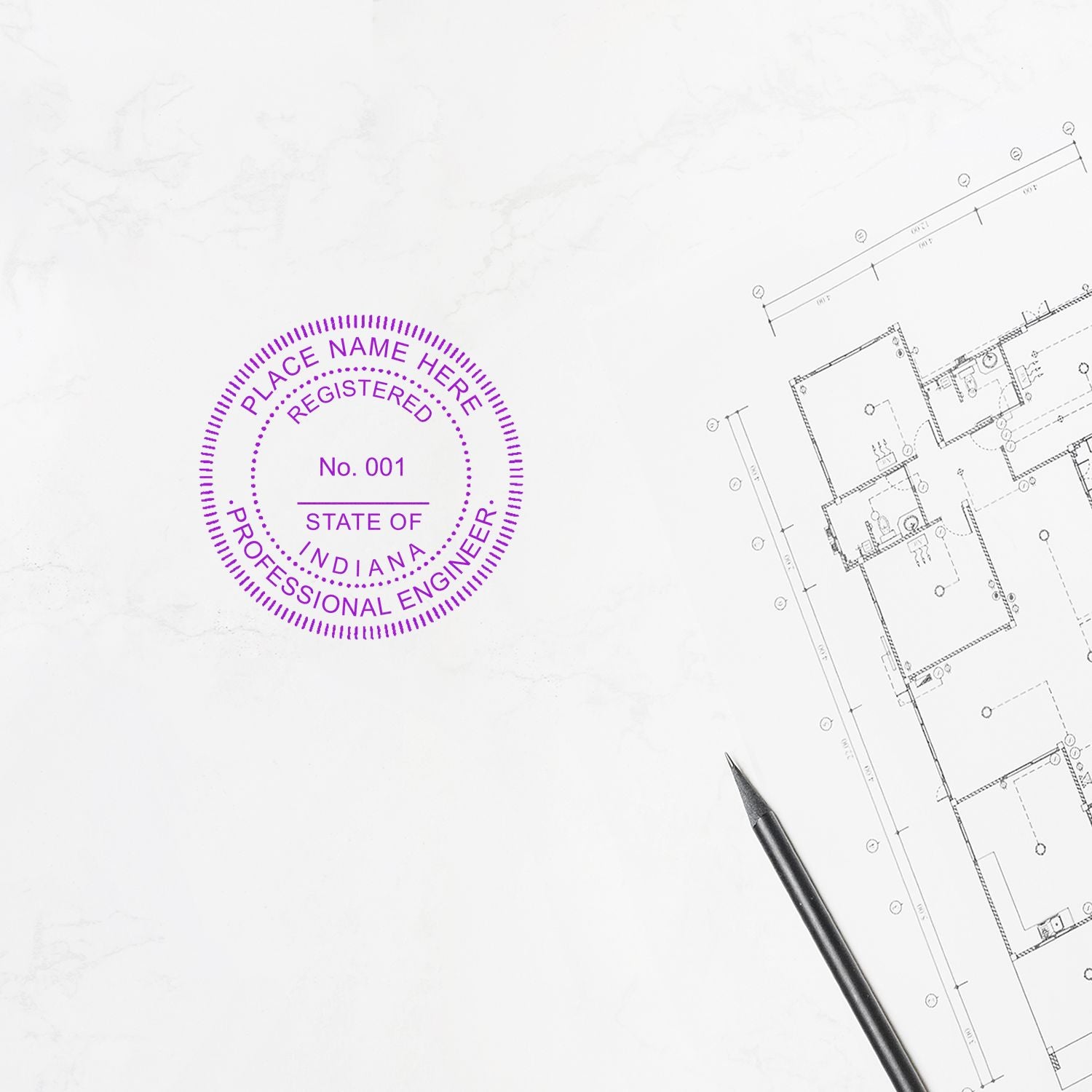 An alternative view of the Slim Pre-Inked Indiana Professional Engineer Seal Stamp stamped on a sheet of paper showing the image in use