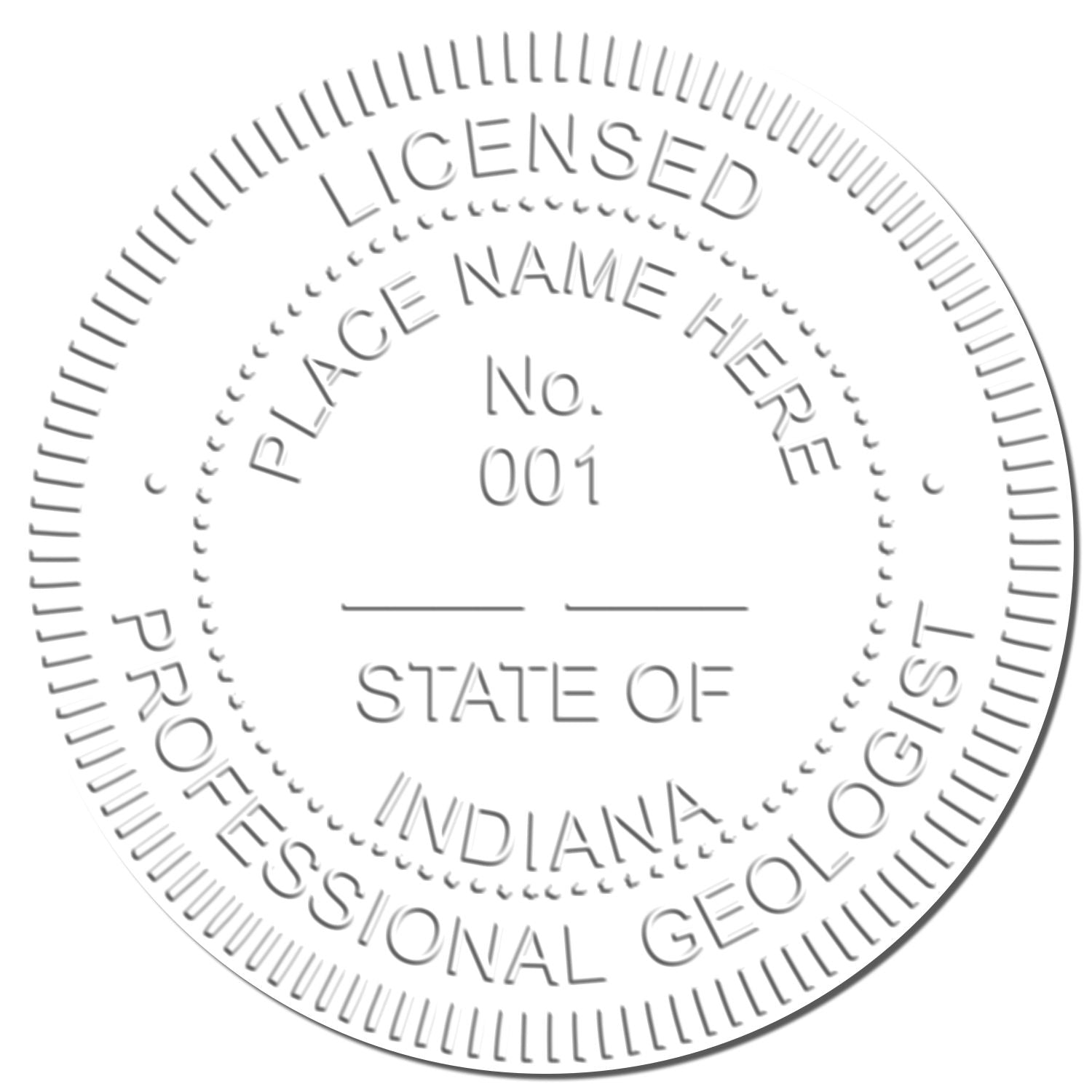 A photograph of the State of Indiana Extended Long Reach Geologist Seal stamp impression reveals a vivid, professional image of the on paper.