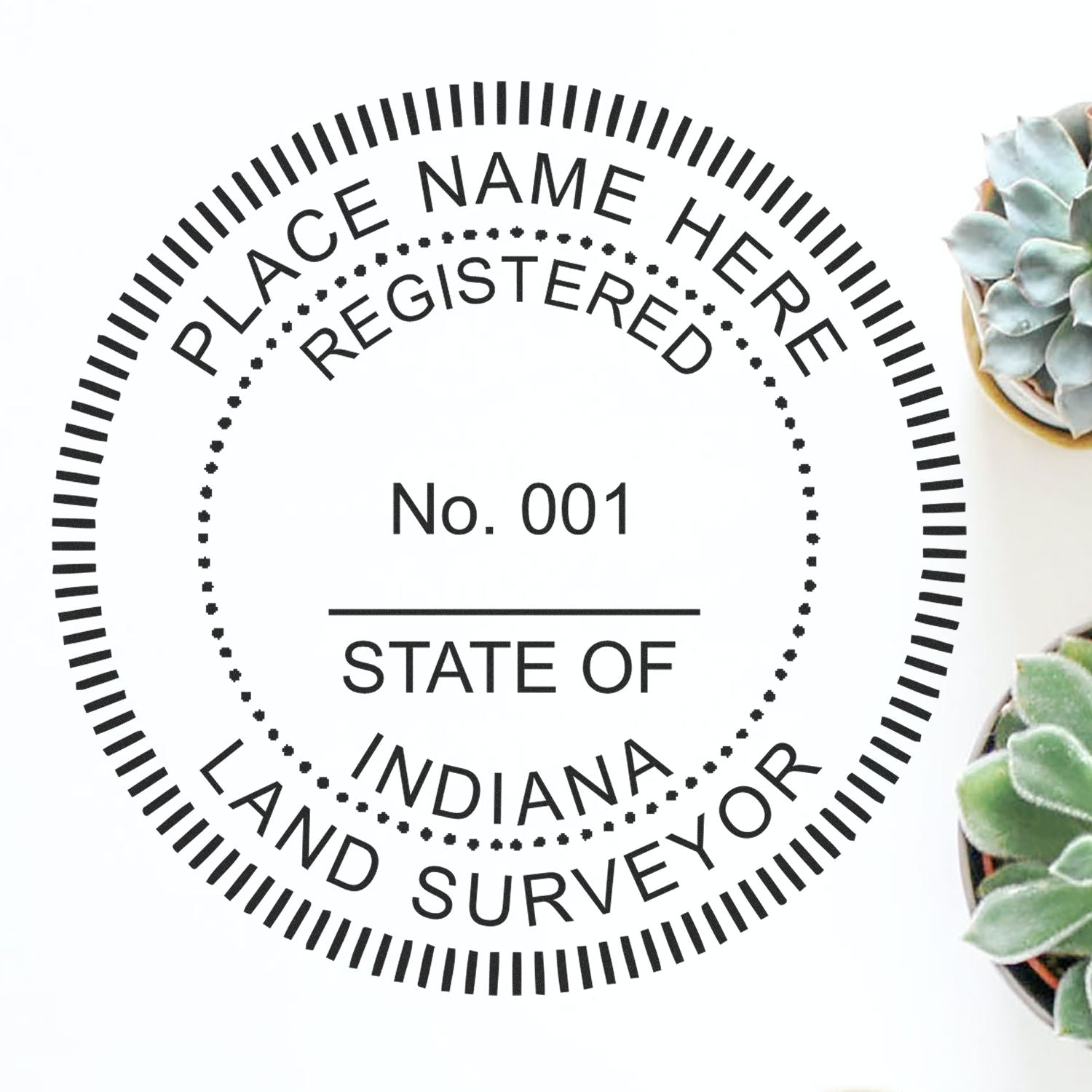 Indiana Land Surveyor Seal Stamp, IN PLS Stamp, with customizable text, surrounded by succulents on a white background.