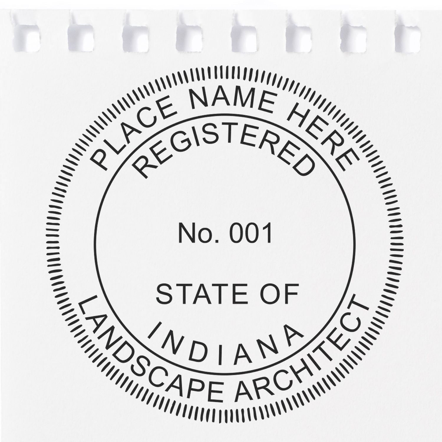 A photograph of the Self-Inking Indiana Landscape Architect Stamp stamp impression reveals a vivid, professional image of the on paper.