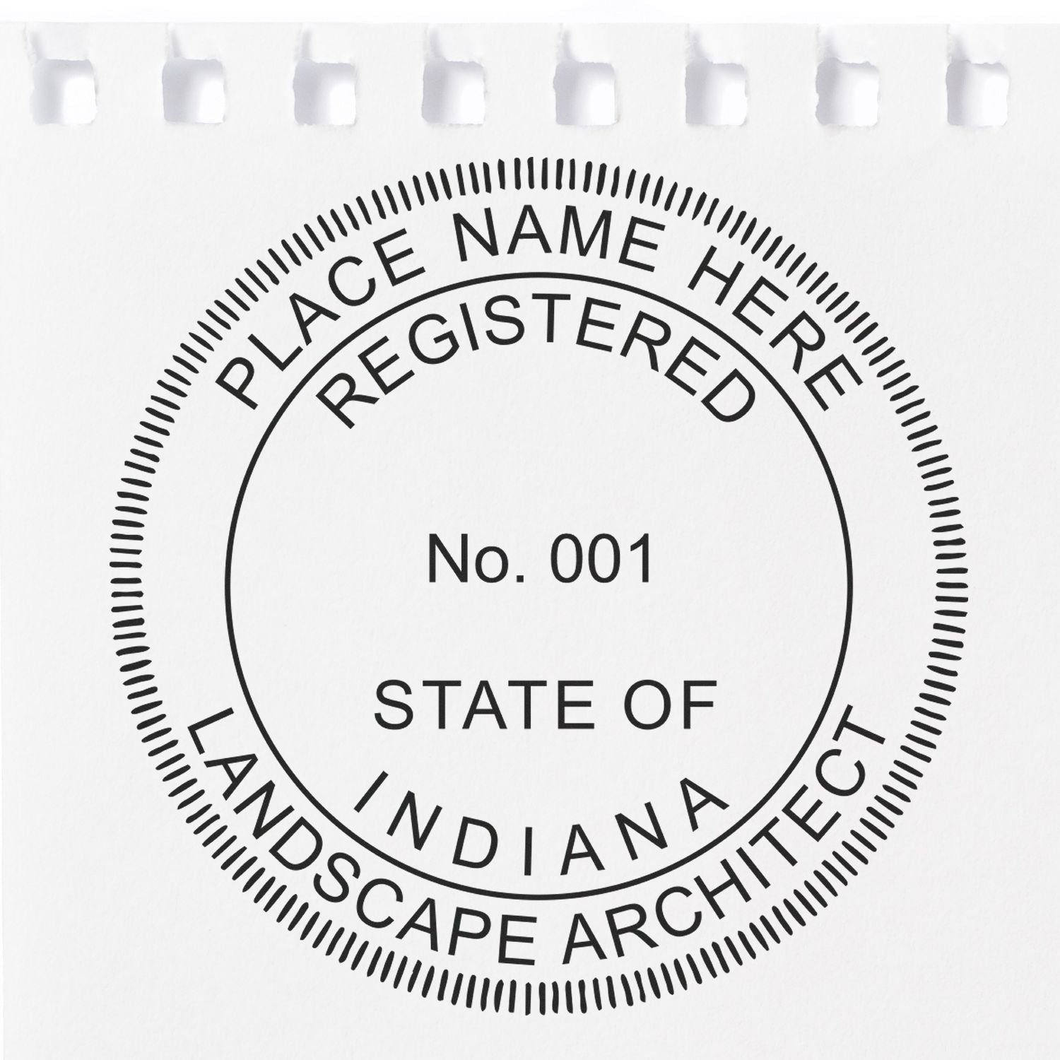 This paper is stamped with a sample imprint of the Indiana Landscape Architectural Seal Stamp, signifying its quality and reliability.