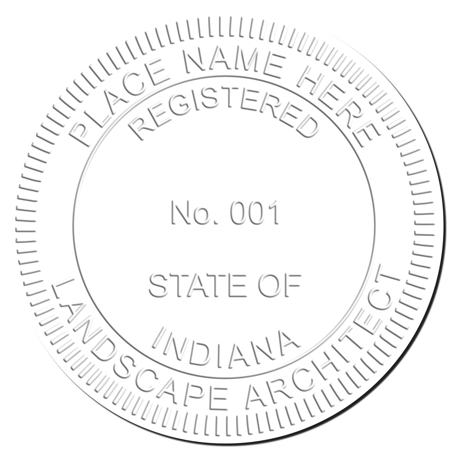 This paper is stamped with a sample imprint of the Indiana Desk Landscape Architectural Seal Embosser, signifying its quality and reliability.