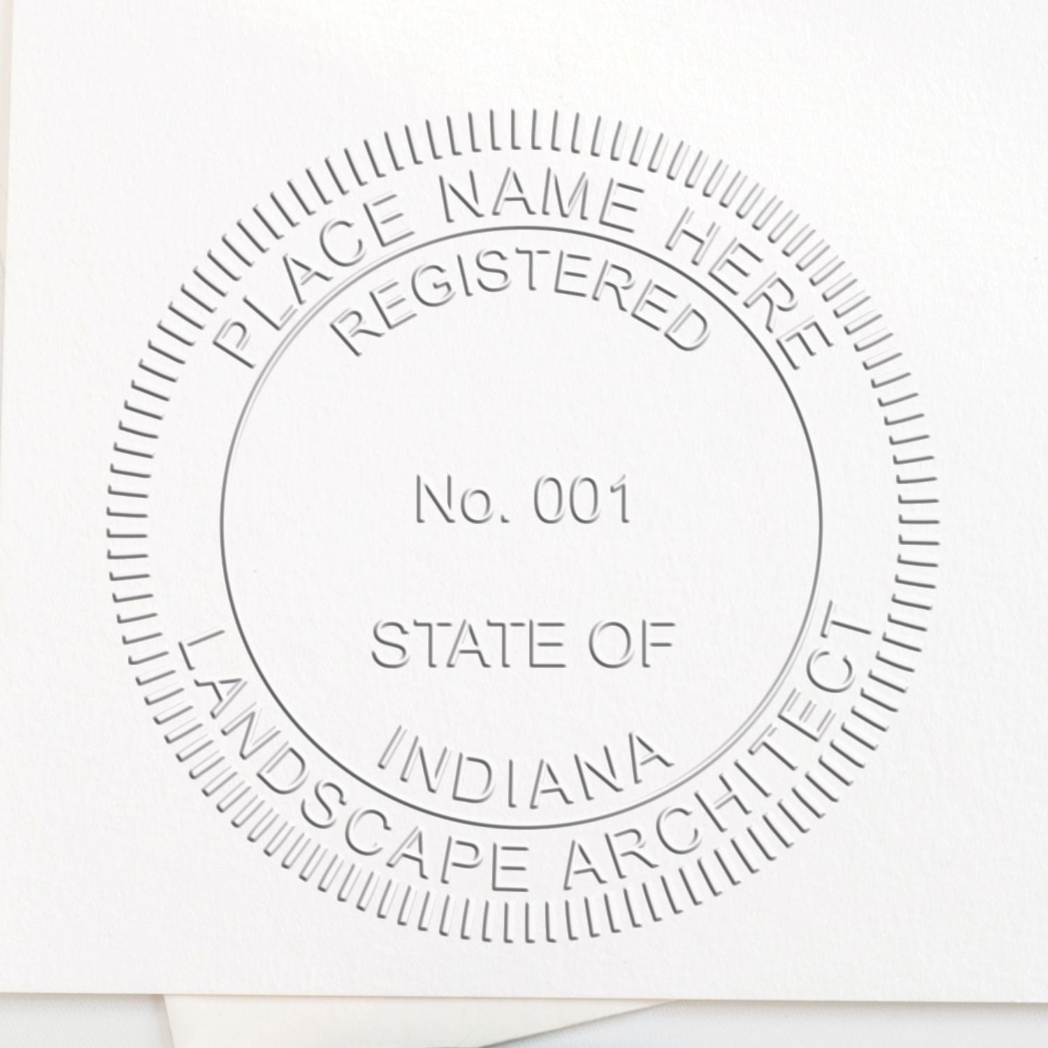 A photograph of the State of Indiana Handheld Landscape Architect Seal stamp impression reveals a vivid, professional image of the on paper.