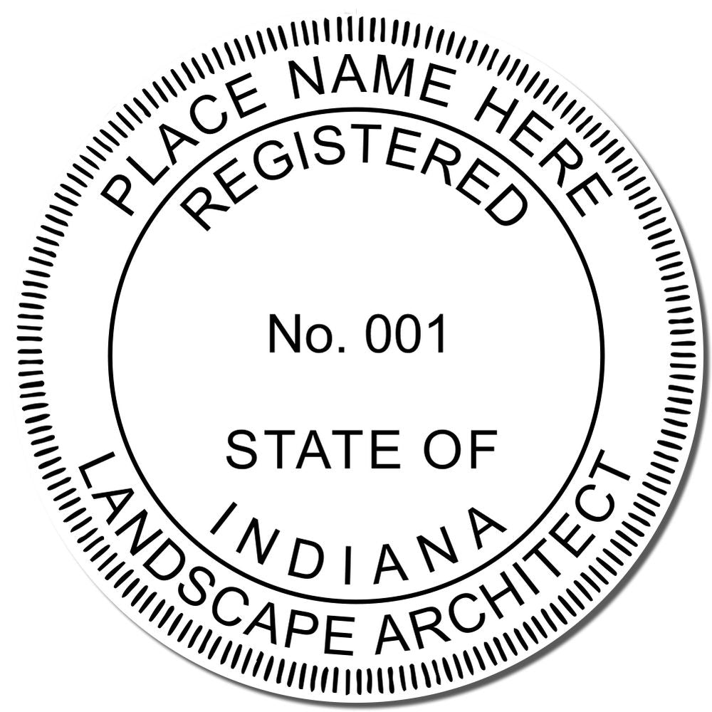 An alternative view of the Digital Indiana Landscape Architect Stamp stamped on a sheet of paper showing the image in use