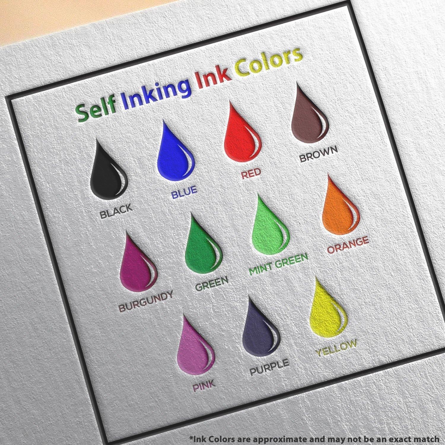 Chart displaying various ink colors for the Self Inking Top Secret Stamp, including black, blue, red, brown, burgundy, green, mint green, orange, pink, purple, and yellow.