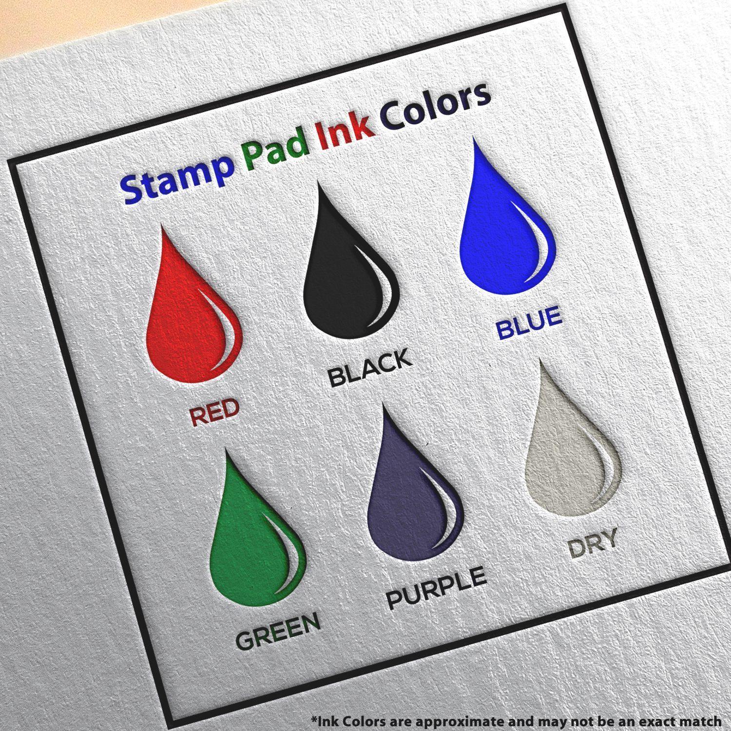 Image showing six Rubber Stamp Ink Pad 0 Size 2-1/4 x 3-1/2 colors: red, black, blue, green, purple, and dry, with color names below each.