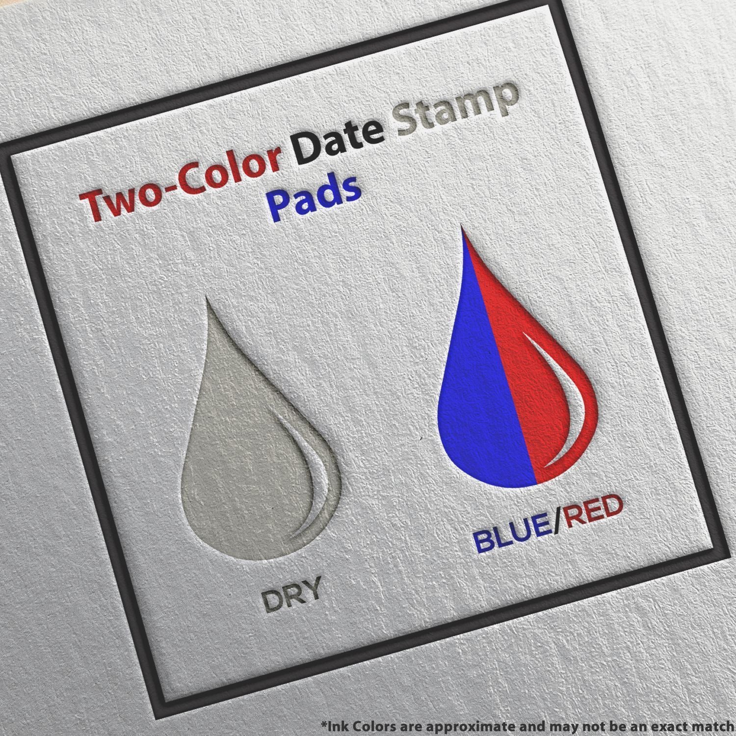 Two Color Replacement Ink Pad for 46130 Trodat Stamp showing dry and blue/red ink options with text Two-Color Date Stamp Pads above.