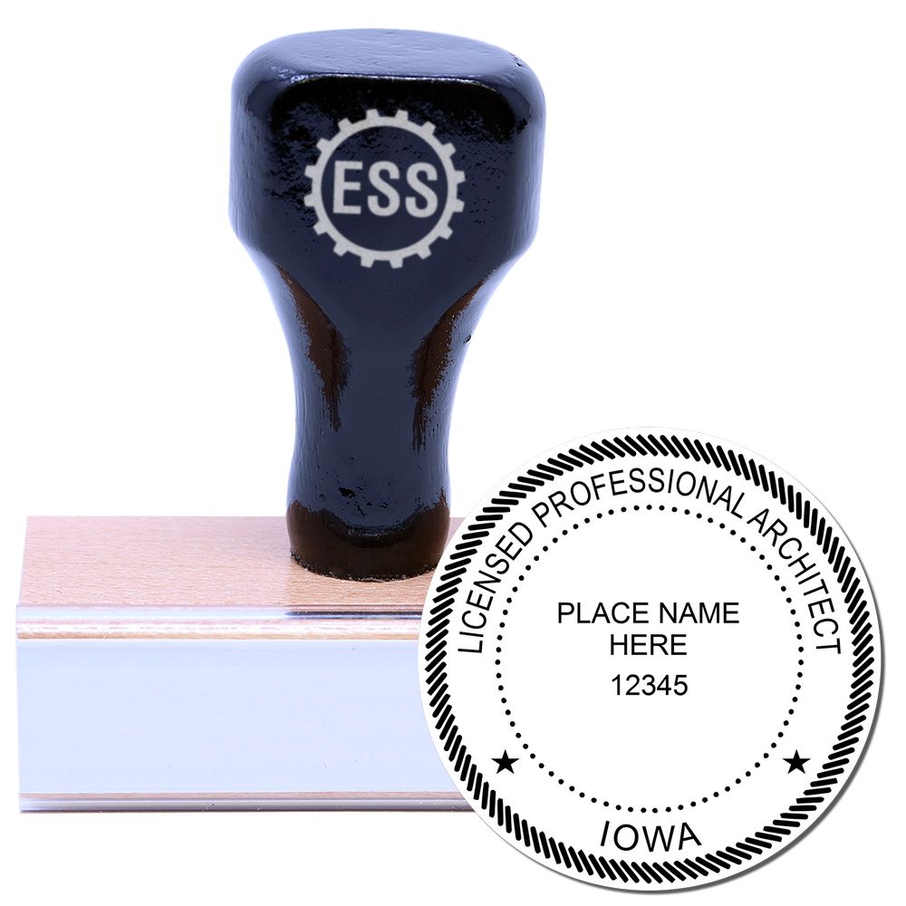 Image of a wooden handle rubber stamp with the Iowa Architect Seal Stamp design, featuring Licensed Professional Architect and Iowa text.