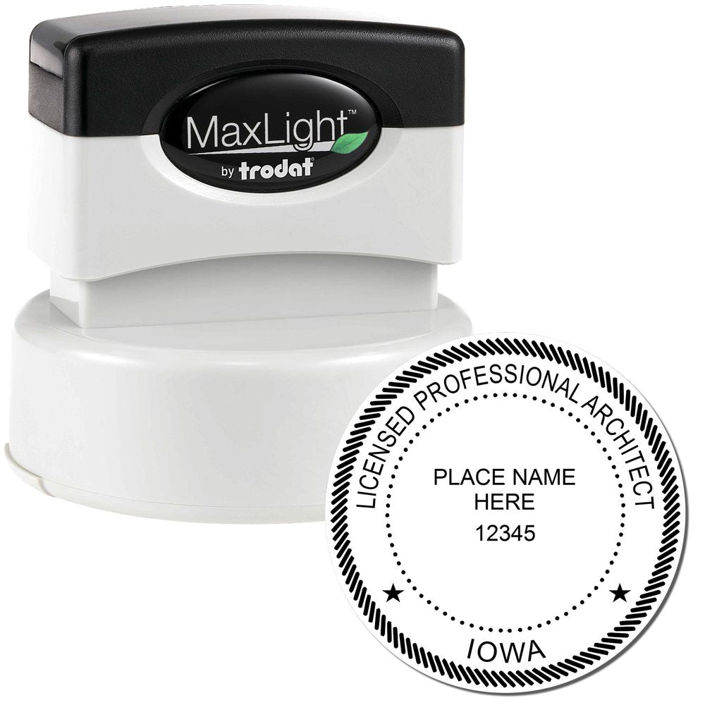 Premium MaxLight Pre-Inked Iowa Architectural Stamp with a black and white design, showing "LICENSED PROFESSIONAL ARCHITECT" and "IOWA."