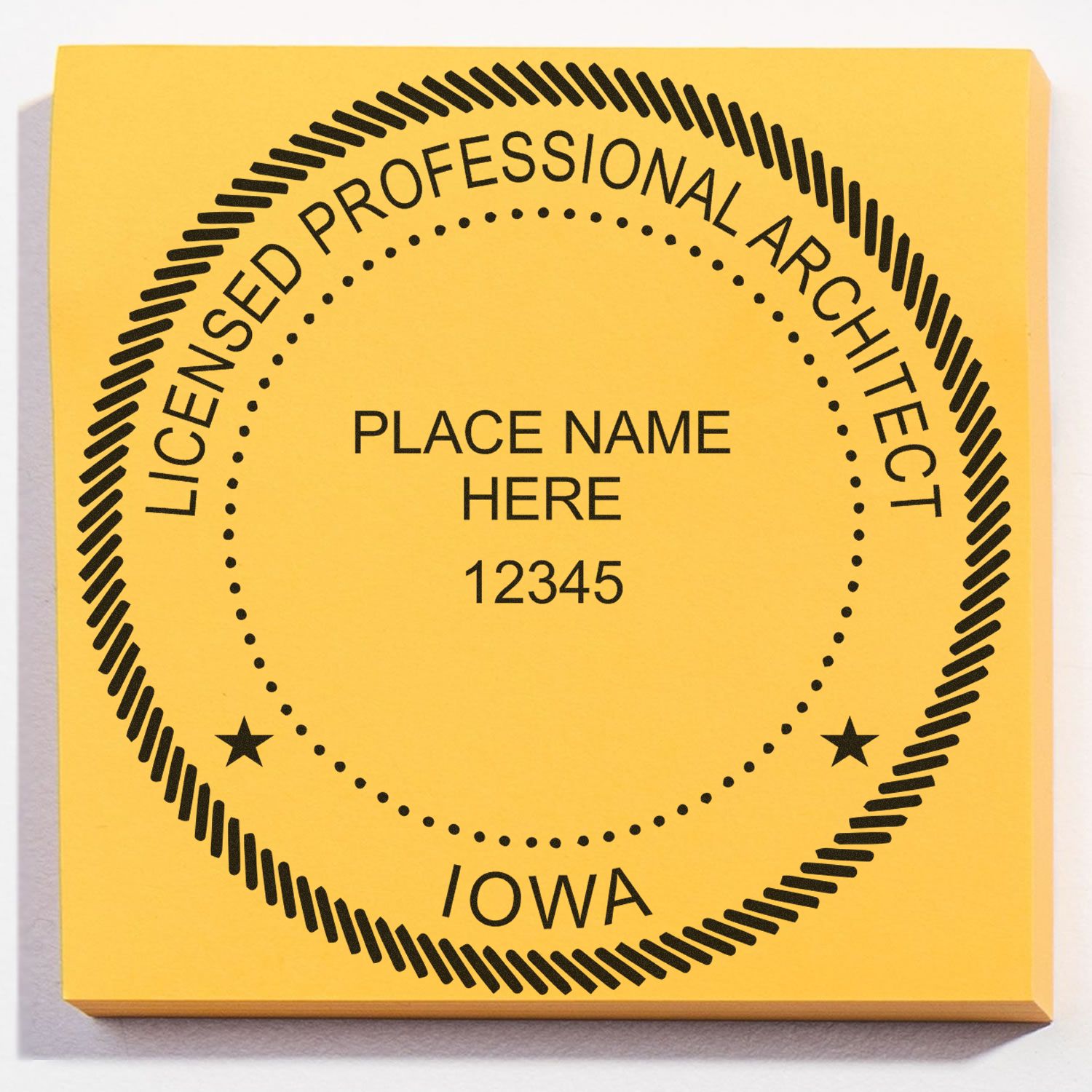 Digital Iowa Architect Stamp, Electronic Seal for Iowa Architect, circular design with customizable name and number, on a yellow background.