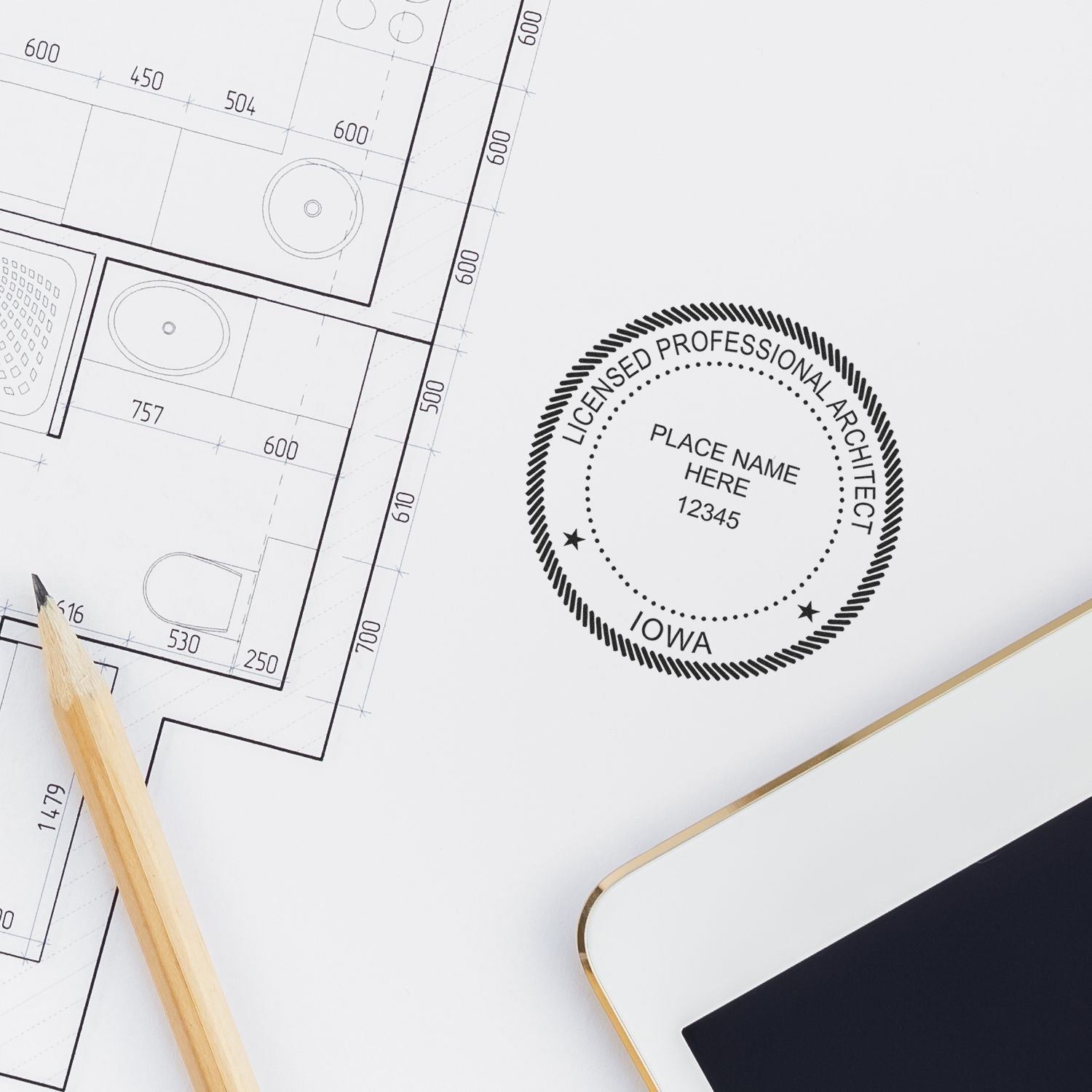 Digital Iowa Architect Stamp, Electronic Seal for Iowa Architect, placed on architectural blueprint with pencil and tablet nearby.