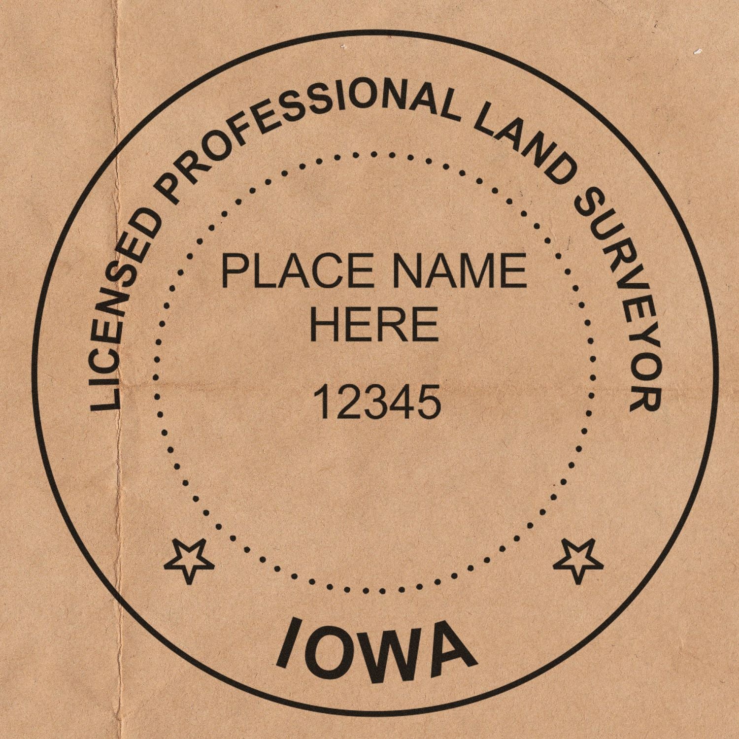 Iowa Land Surveyor Seal Stamp, IA PLS Stamp on a brown background with customizable text fields for place name and number.