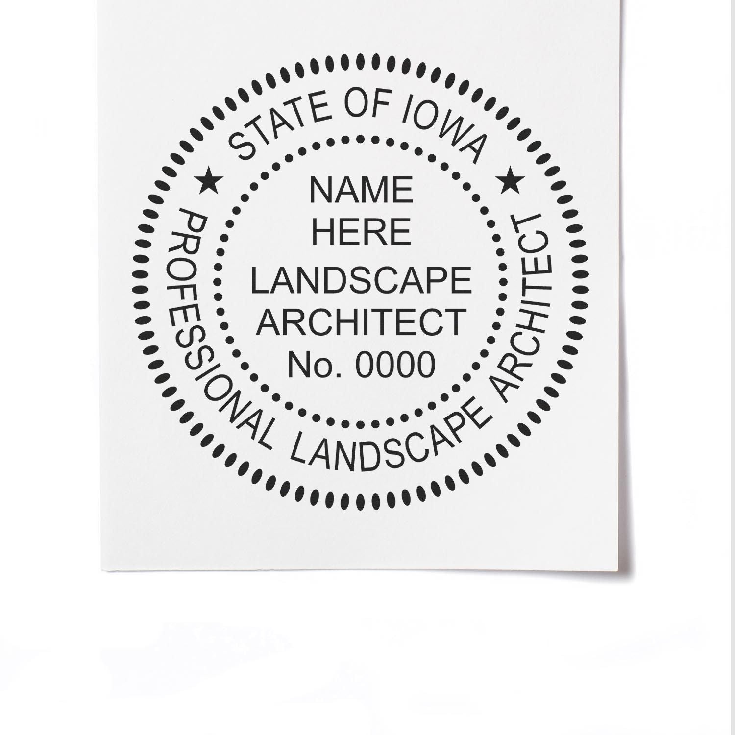 Slim Pre-Inked Iowa Landscape Architect Seal Stamp in use photo showing a stamped imprint of the Slim Pre-Inked Iowa Landscape Architect Seal Stamp