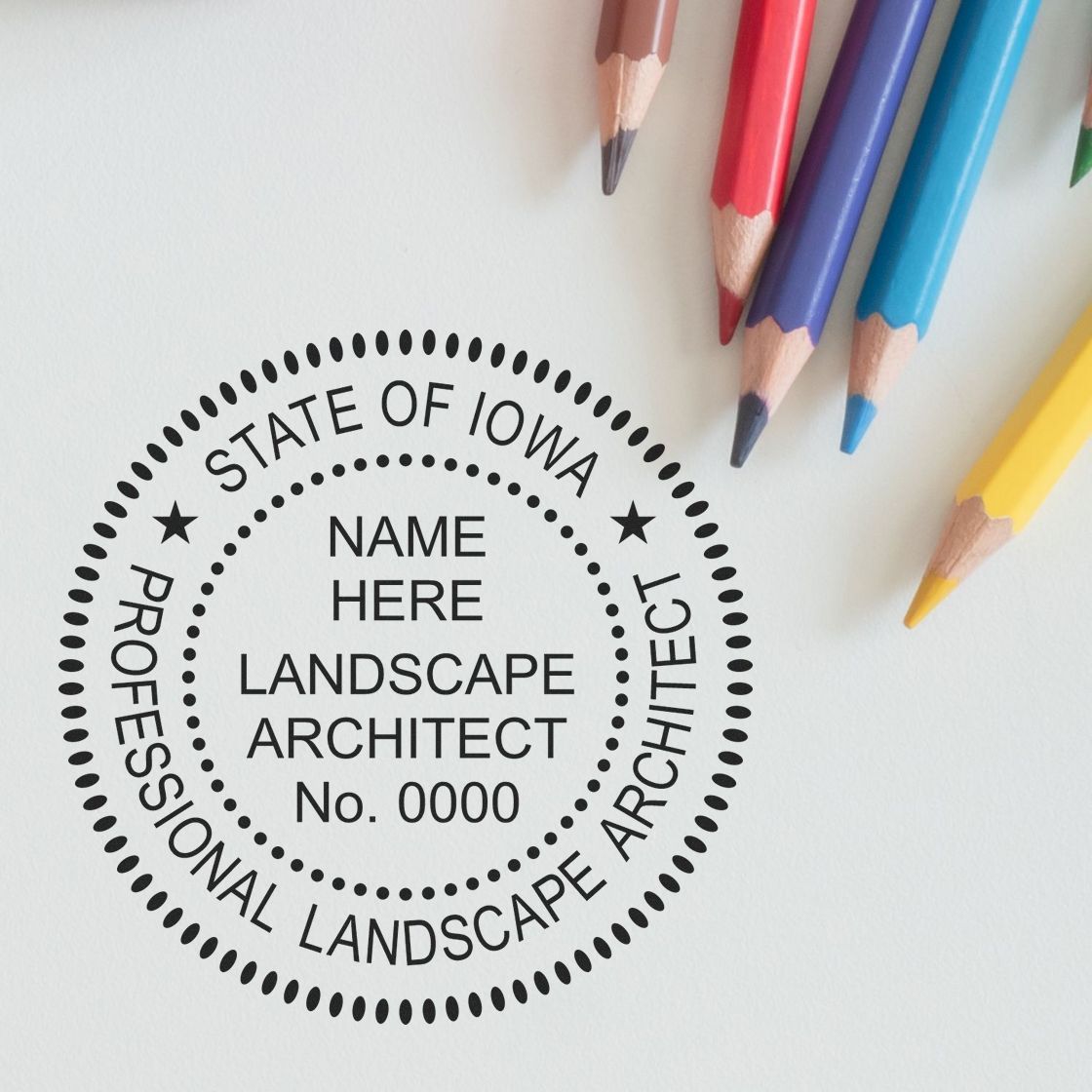 This paper is stamped with a sample imprint of the Slim Pre-Inked Iowa Landscape Architect Seal Stamp, signifying its quality and reliability.