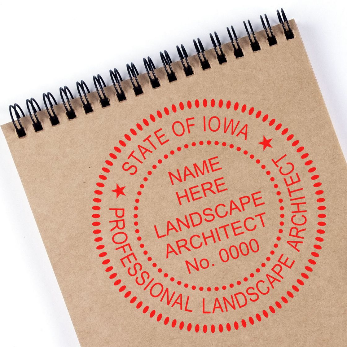 A stamped impression of the Slim Pre-Inked Iowa Landscape Architect Seal Stamp in this stylish lifestyle photo, setting the tone for a unique and personalized product.