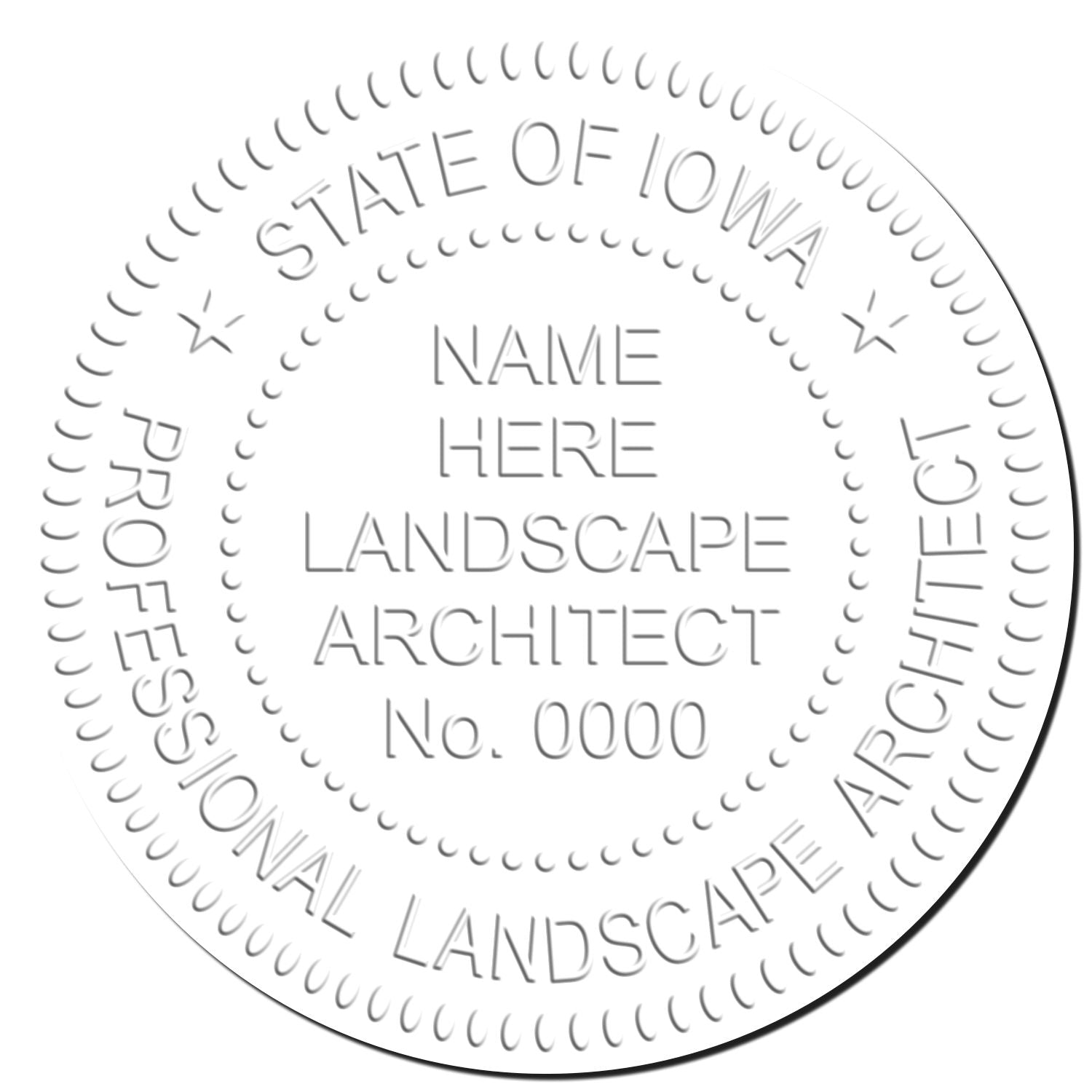 This paper is stamped with a sample imprint of the State of Iowa Handheld Landscape Architect Seal, signifying its quality and reliability.