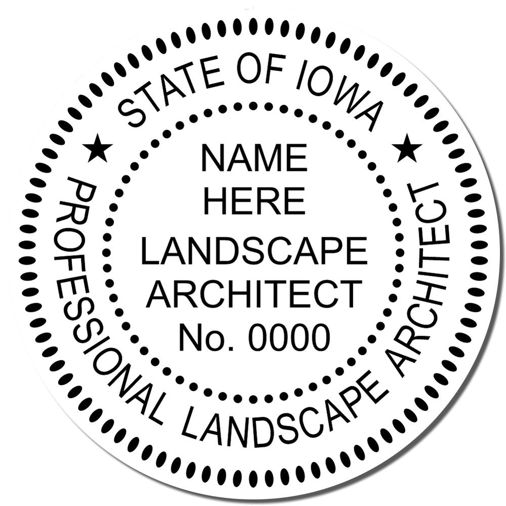 A lifestyle photo showing a stamped image of the Slim Pre-Inked Iowa Landscape Architect Seal Stamp on a piece of paper