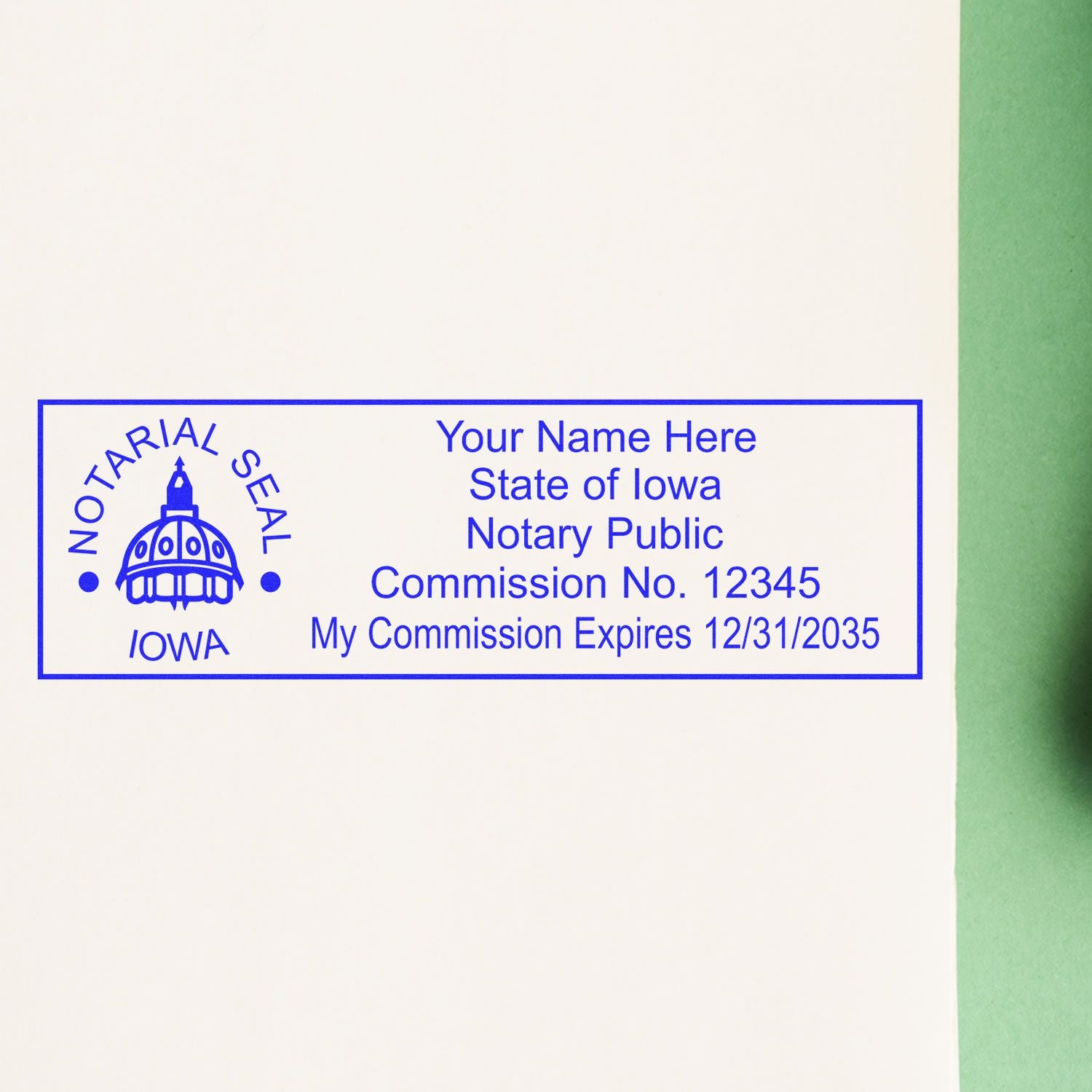 A stamped impression of the Self-Inking State Seal Iowa Notary Stamp in this stylish lifestyle photo, setting the tone for a unique and personalized product.