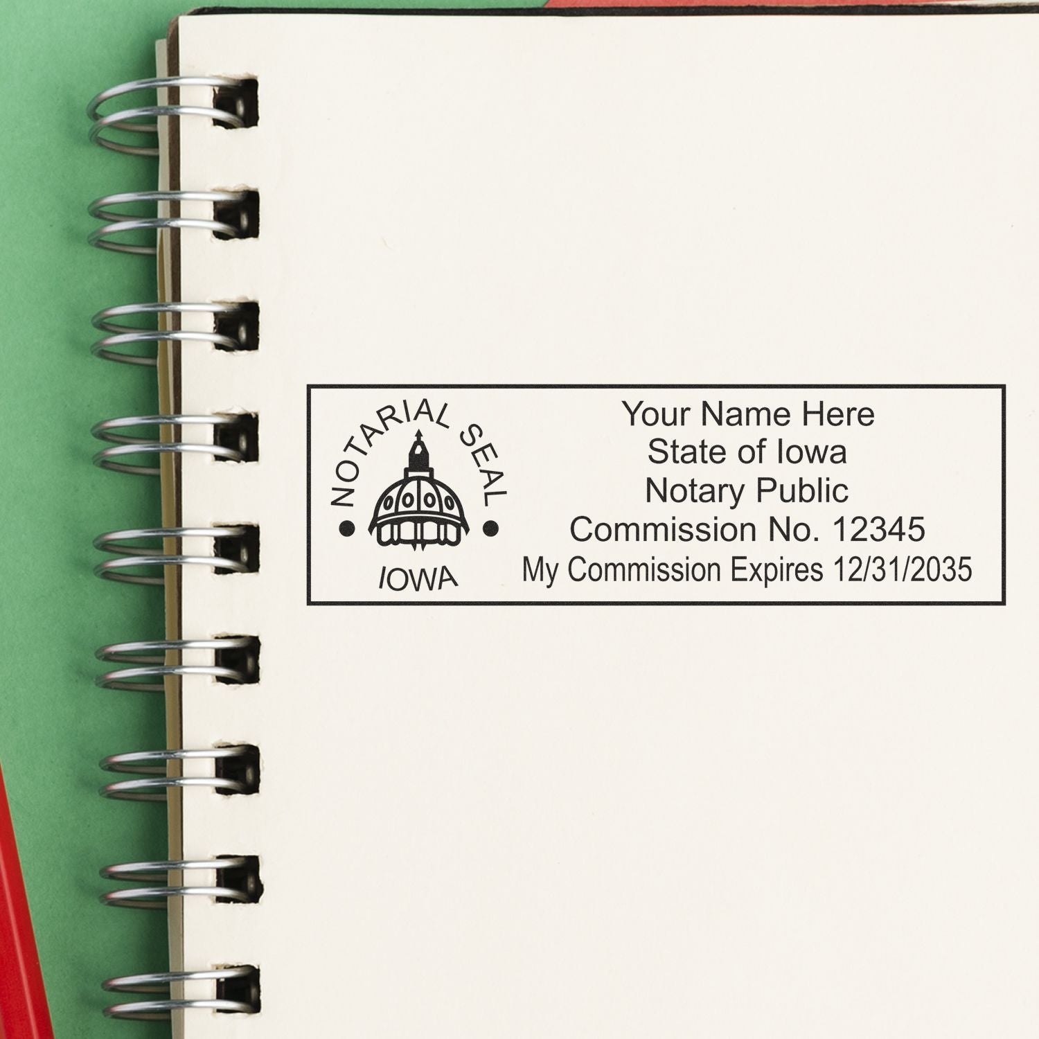 An alternative view of the PSI Iowa Notary Stamp stamped on a sheet of paper showing the image in use