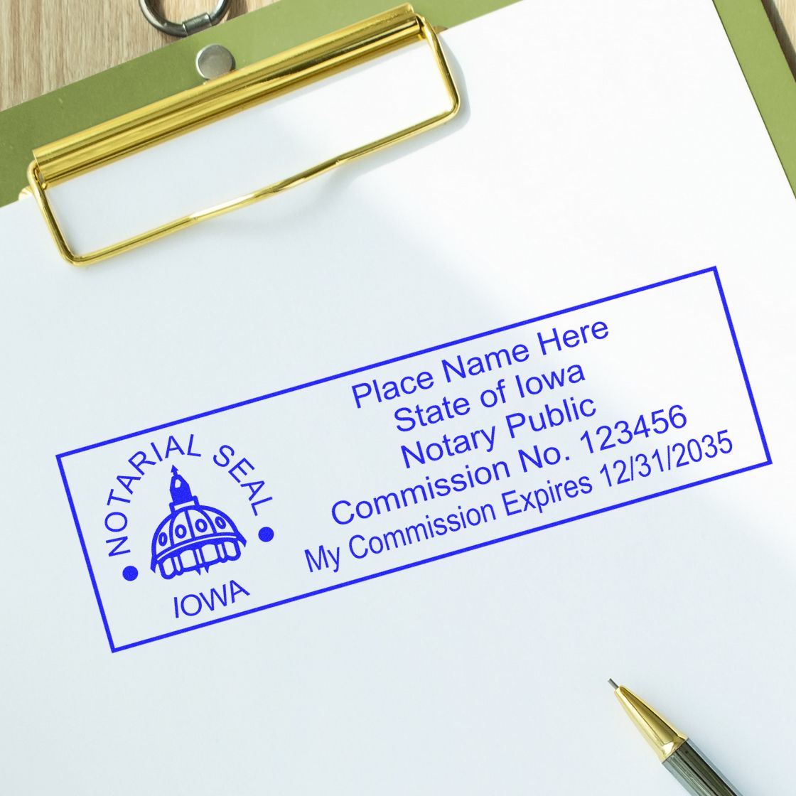 A photograph of the Self-Inking State Seal Iowa Notary Stamp stamp impression reveals a vivid, professional image of the on paper.