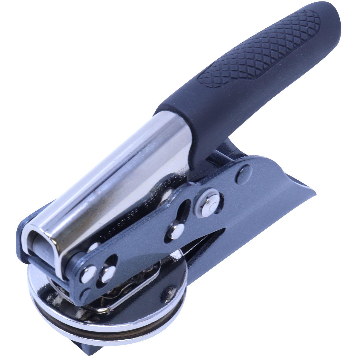 Landscape Architect Soft Seal Embosser with a black handle and metal body, angled front-side view, showing the 1-5/8 imprint area.