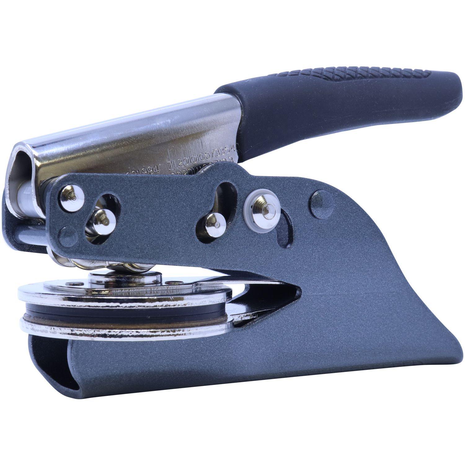 Engineering Geologist Handheld Soft Seal Embosser with a black handle and metal components, shown in a side view against a white background.