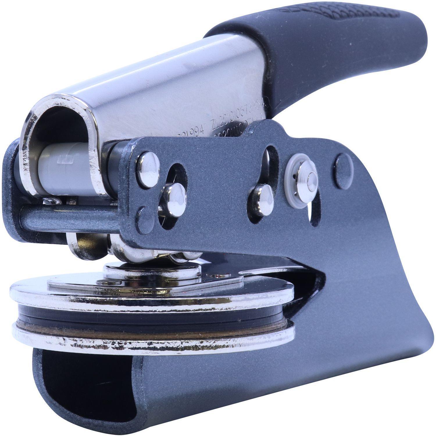 Real Estate Appraiser Soft Seal Embosser with a black handle and metal components, shown in an angled side view against a white background.