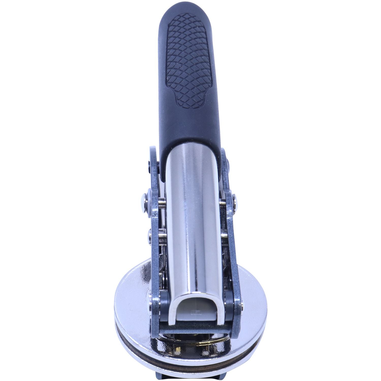 Front view of the Professional Engineer Soft Seal Embosser with a black handle and a metallic body, designed for creating crisp, professional seals on documents.