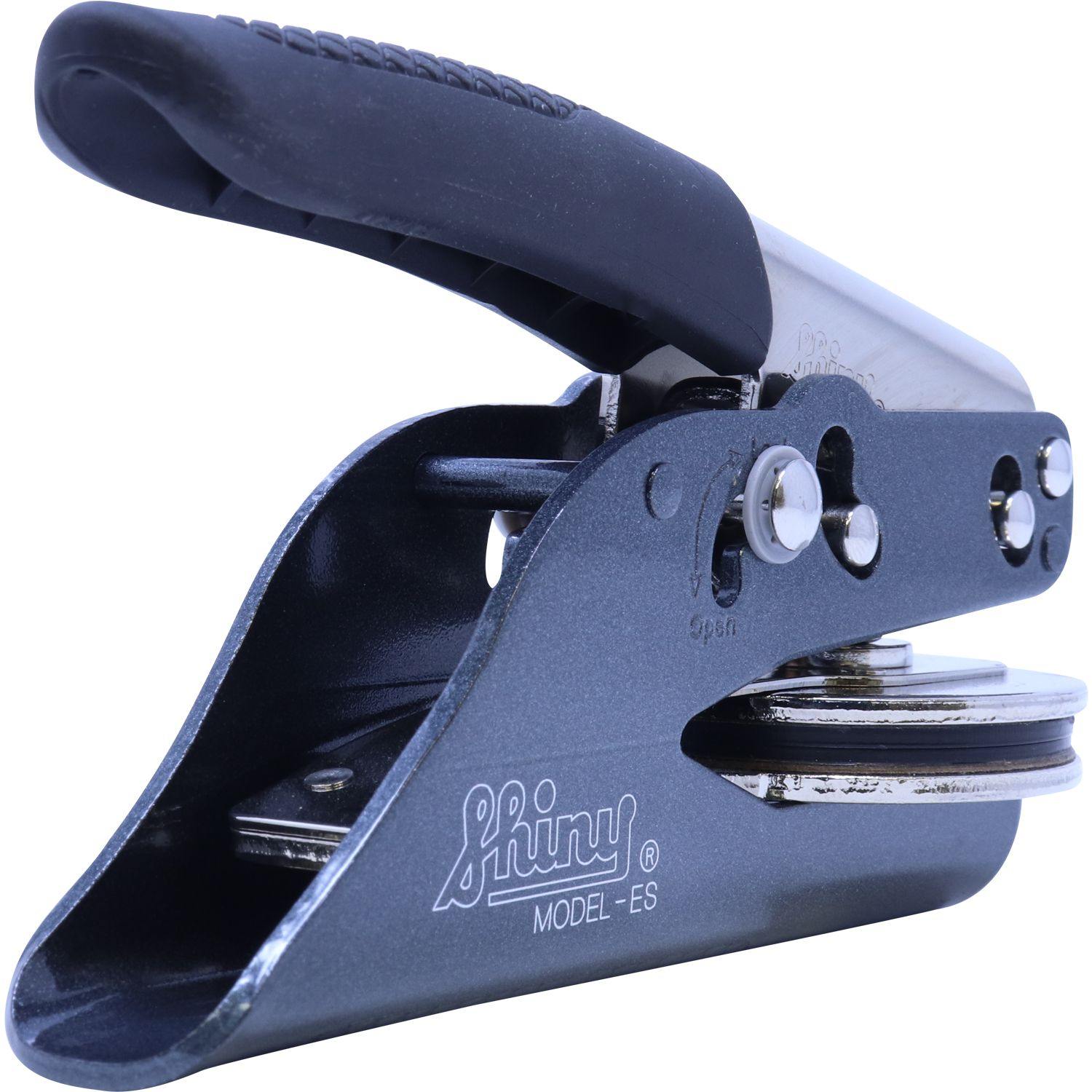 Engineering Geologist Handheld Soft Seal Embosser with ergonomic black handle and metal body, model ES, angled back view.