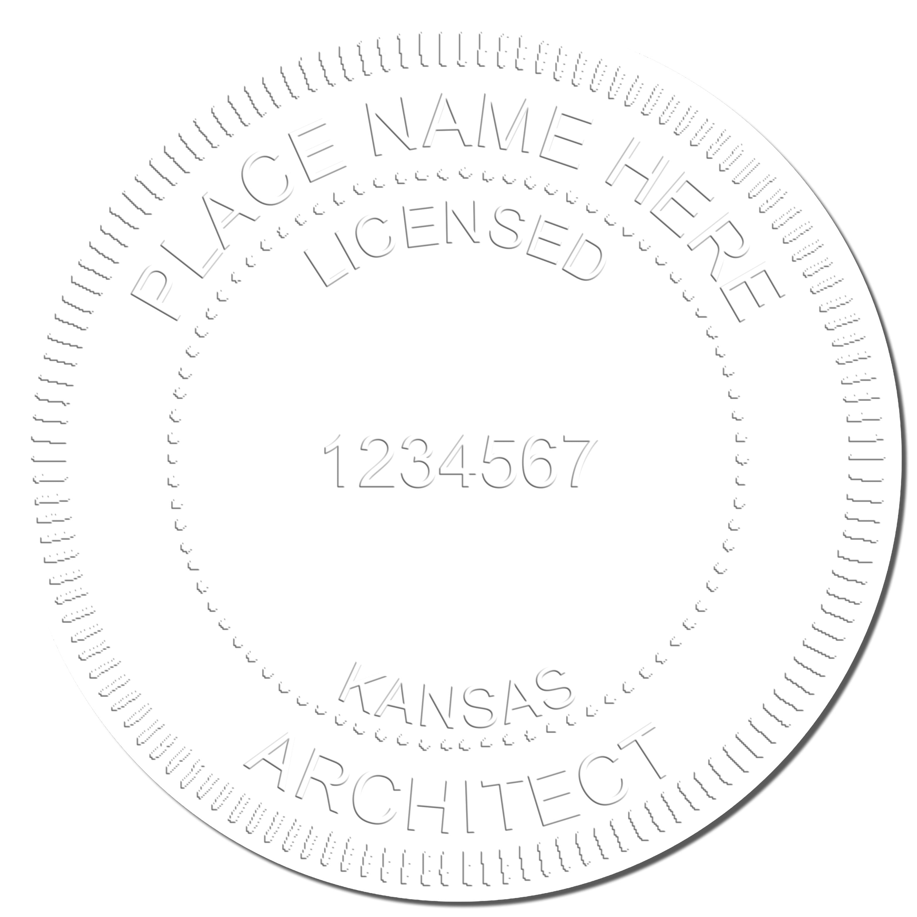 A photograph of the Extended Long Reach Kansas Architect Seal Embosser stamp impression reveals a vivid, professional image of the on paper.