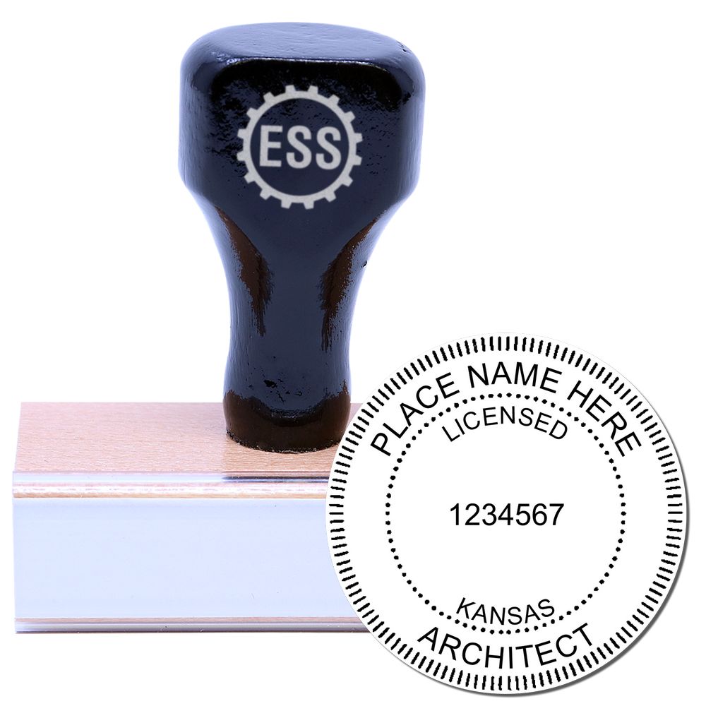 Kansas Architect Seal Stamp with a wooden handle and rubber base, featuring a customizable design for licensed architects in Kansas.