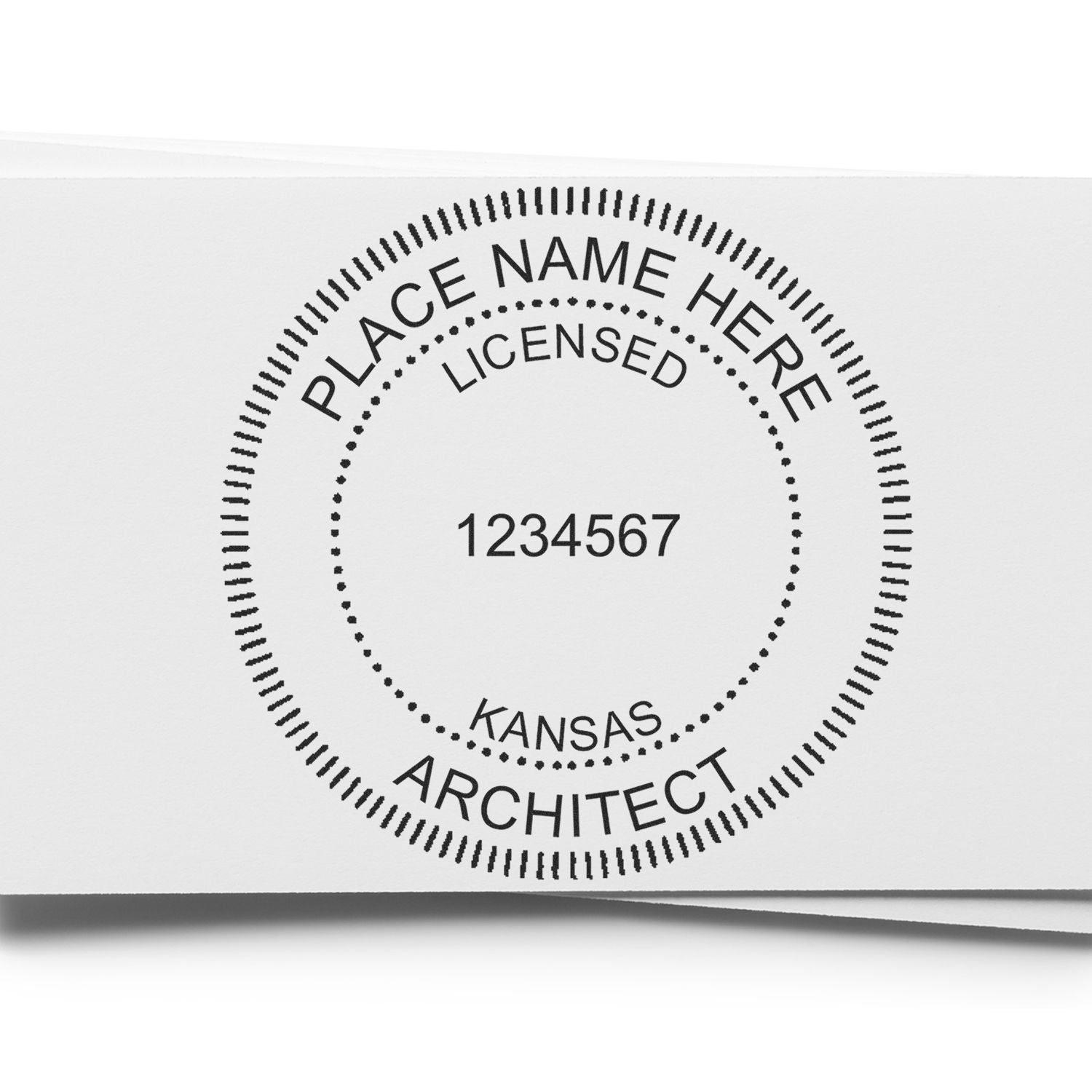 Digital Kansas Architect Stamp, Electronic Seal for Kansas Architect, featuring customizable name and license number on a white background.