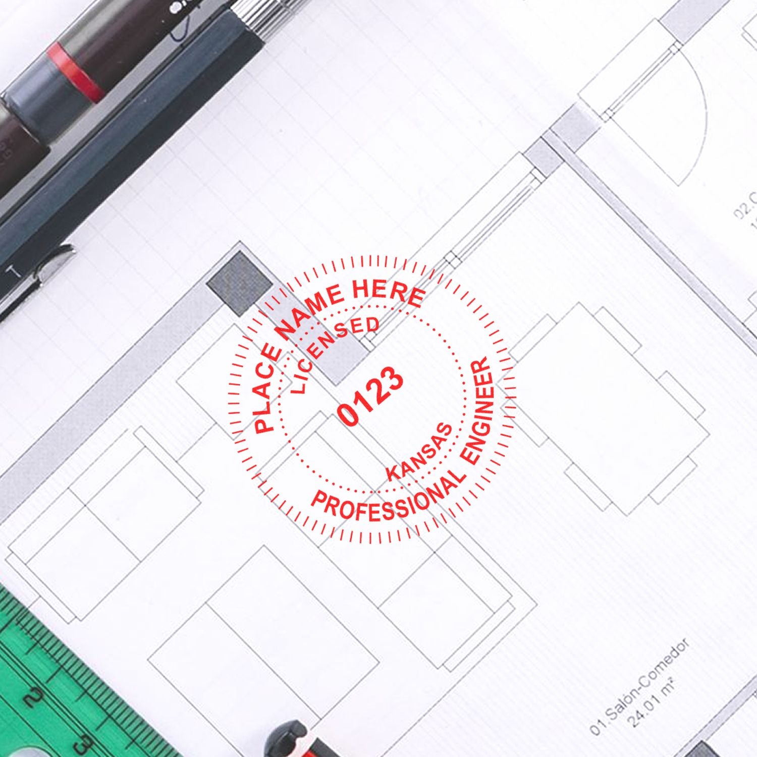 Digital Kansas PE Stamp and Electronic Seal for Kansas Engineer in use photo showing a stamped imprint of the Digital Kansas PE Stamp and Electronic Seal for Kansas Engineer