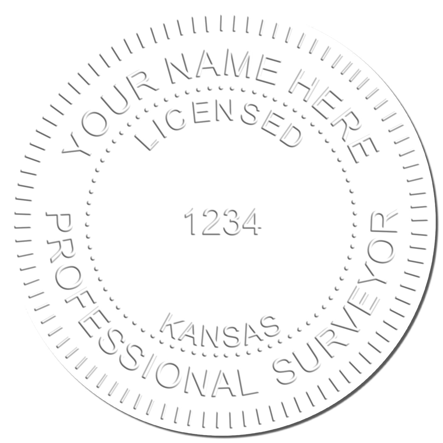 This paper is stamped with a sample imprint of the Heavy Duty Cast Iron Kansas Land Surveyor Seal Embosser, signifying its quality and reliability.