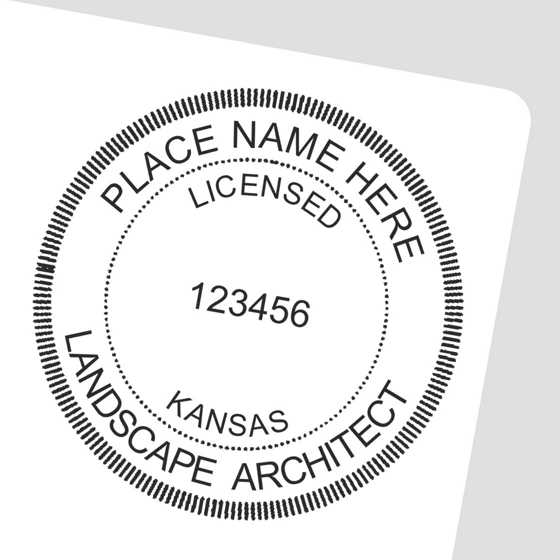 A stamped impression of the Self-Inking Kansas Landscape Architect Stamp in this stylish lifestyle photo, setting the tone for a unique and personalized product.