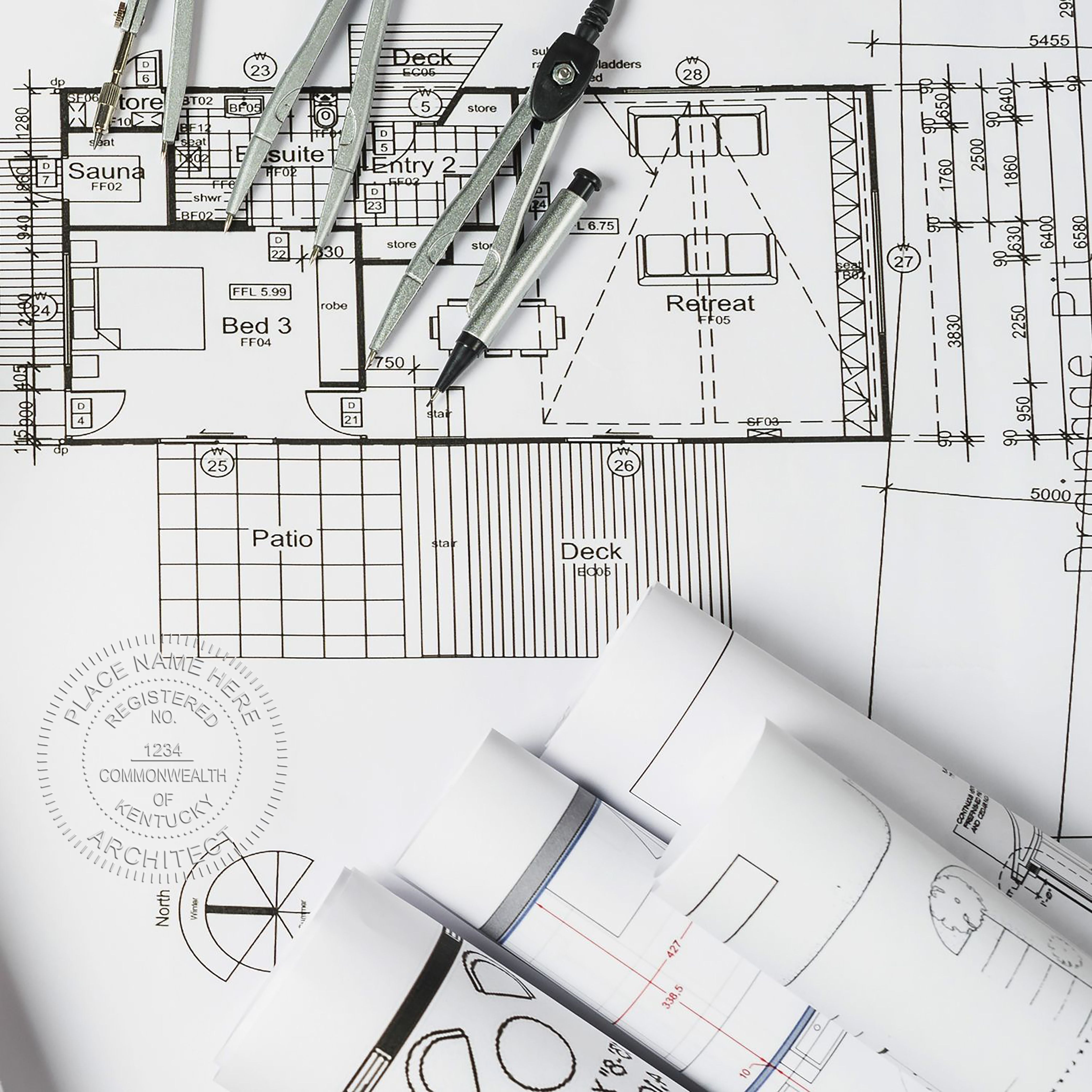 Handheld Kentucky Architect Seal Embosser in use photo showing a stamped imprint of the Handheld Kentucky Architect Seal Embosser