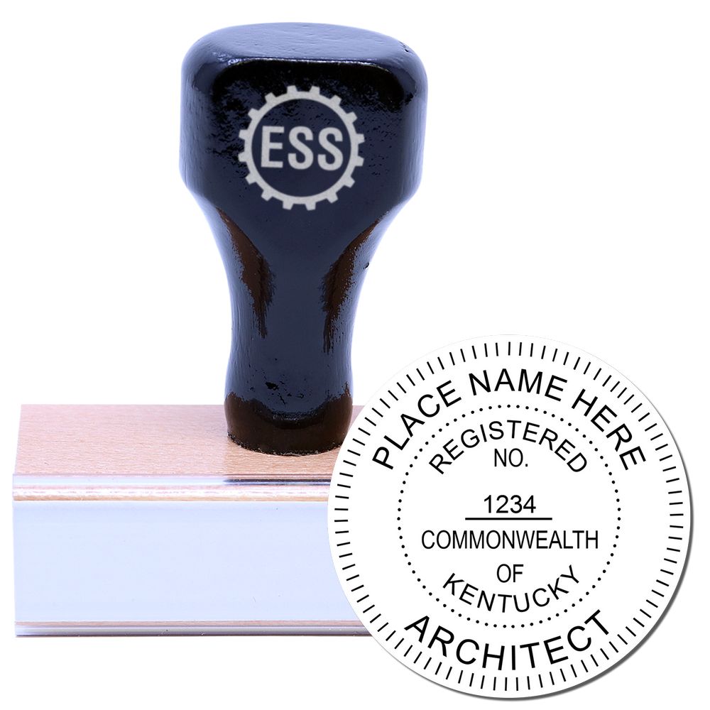 Wooden handle rubber stamp with Kentucky Architect Seal Stamp text, featuring a circular design for registered architects in Kentucky.