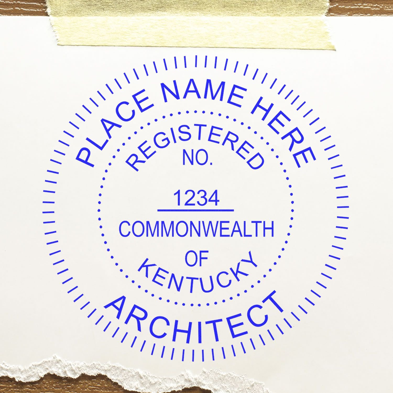 Self Inking Kentucky Architect Stamp on white paper with blue ink, featuring customizable text for registered architects in Kentucky.